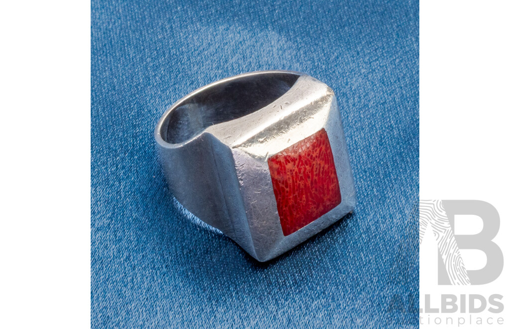 925 Sterling Silver Rectangle Signet with Rectangle Red Coral - Size R.5