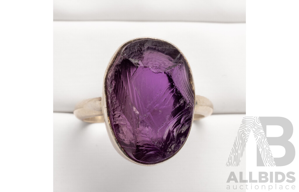 925 Sterling Silver and Uncut Oval Natural Amethyst Ring - Size M