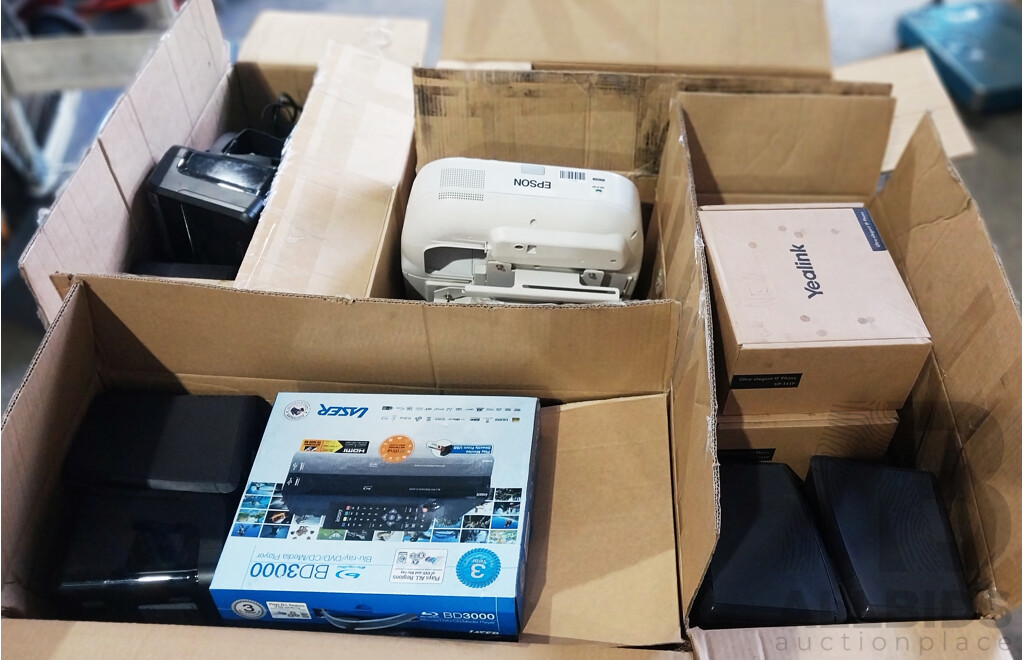 Pallet Lot of Assorted Printers, Office Phones, Blu-Ray Player