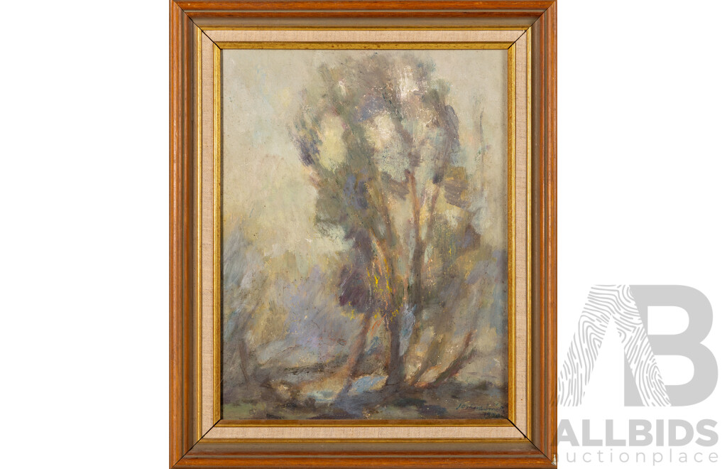 Joshua Smith, (20th Century, Australian, 1905-1995) Hazy Light Through Trees (1970), Wonderful Oil on Canvas on Board, 47 x 39 cm (frame)