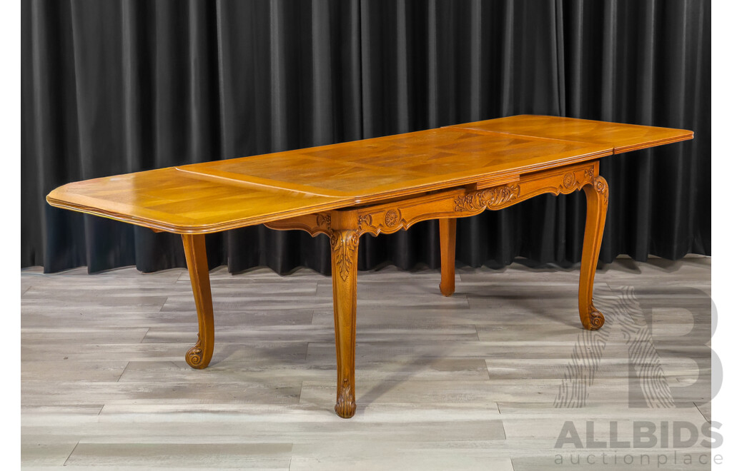 French Oak Marquetry Top Extension Table with Six Chairs