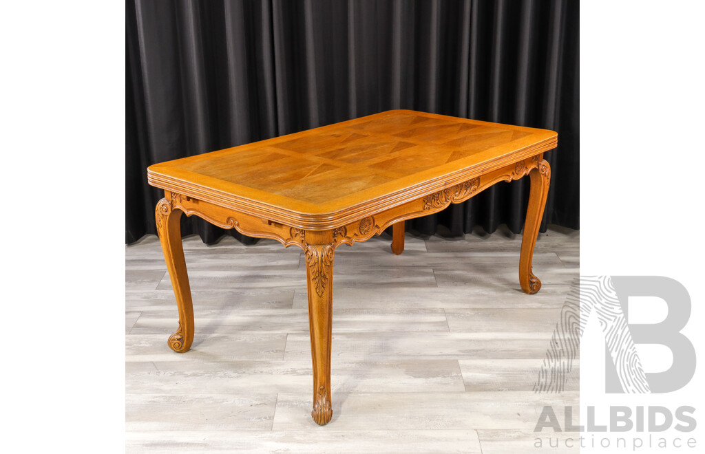 French Oak Marquetry Top Extension Table with Six Chairs