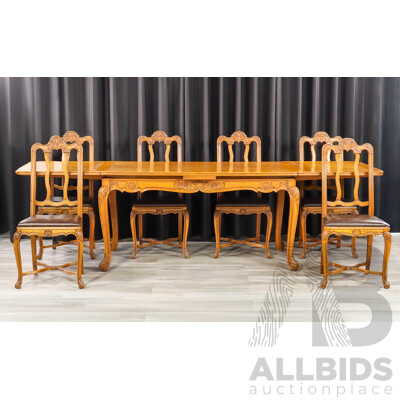 French Oak Marquetry Top Extension Table with Six Chairs