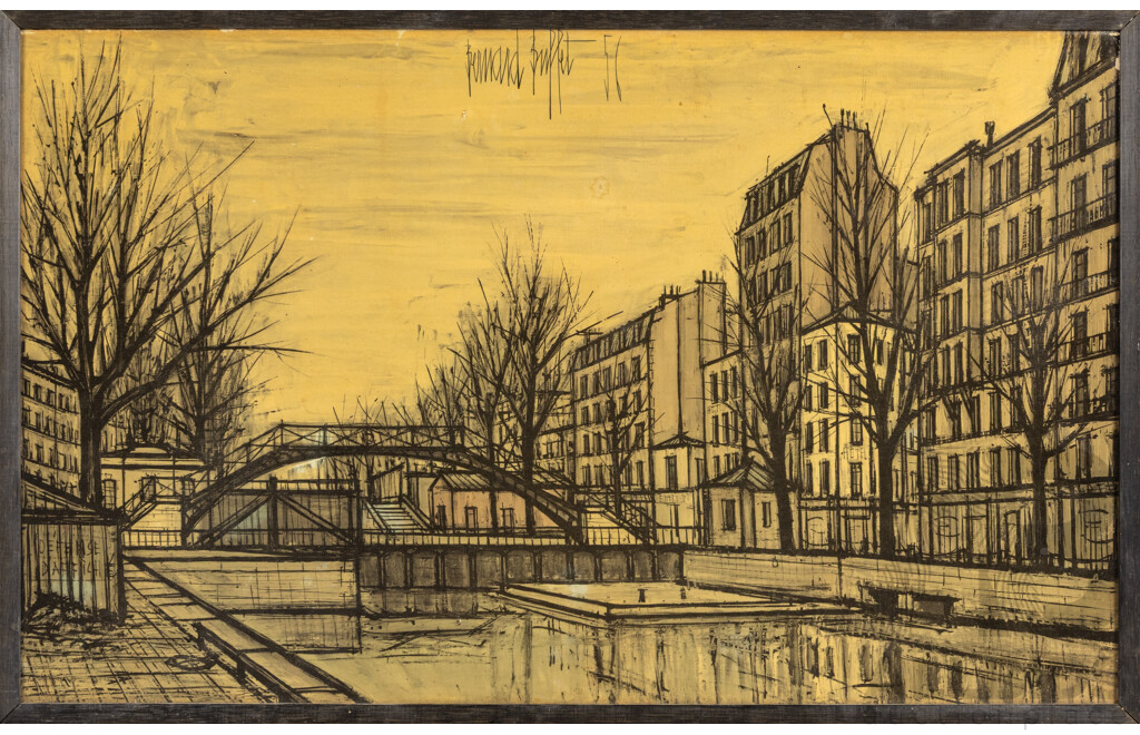 Bernard Buffett, (20th Century, French,1928-1999),  (1956), Canal St. Martin, Reproduction Vintage Print of Original Oil, 37 x 58 cm (frame)