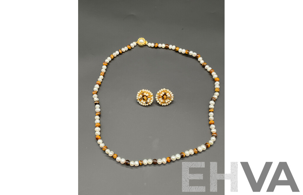 Freshwater Pearl and Tiger's Eye Beaded Necklace & Earring Set