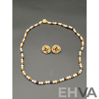 Freshwater Pearl and Tiger's Eye Beaded Necklace & Earring Set