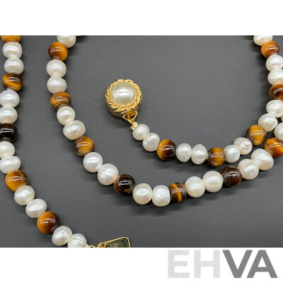 Freshwater Pearl and Tiger's Eye Beaded Necklace & Earring Set