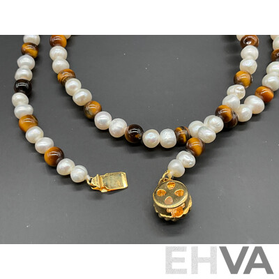 Freshwater Pearl and Tiger's Eye Beaded Necklace & Earring Set