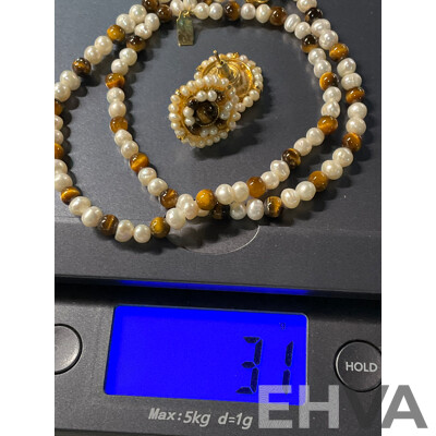 Freshwater Pearl and Tiger's Eye Beaded Necklace & Earring Set