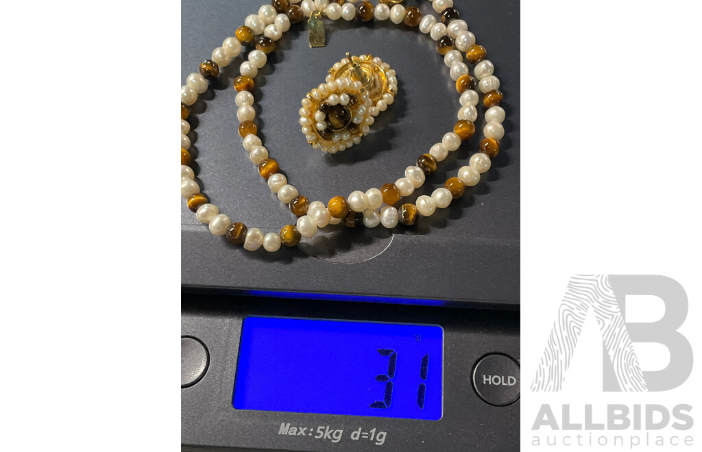 Freshwater Pearl and Tiger's Eye Beaded Necklace & Earring Set