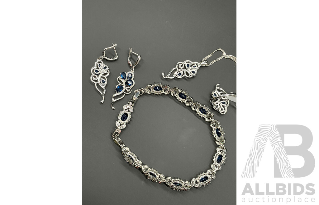 Blue Tone Necklace, Bracelet, Ring & Earring Set