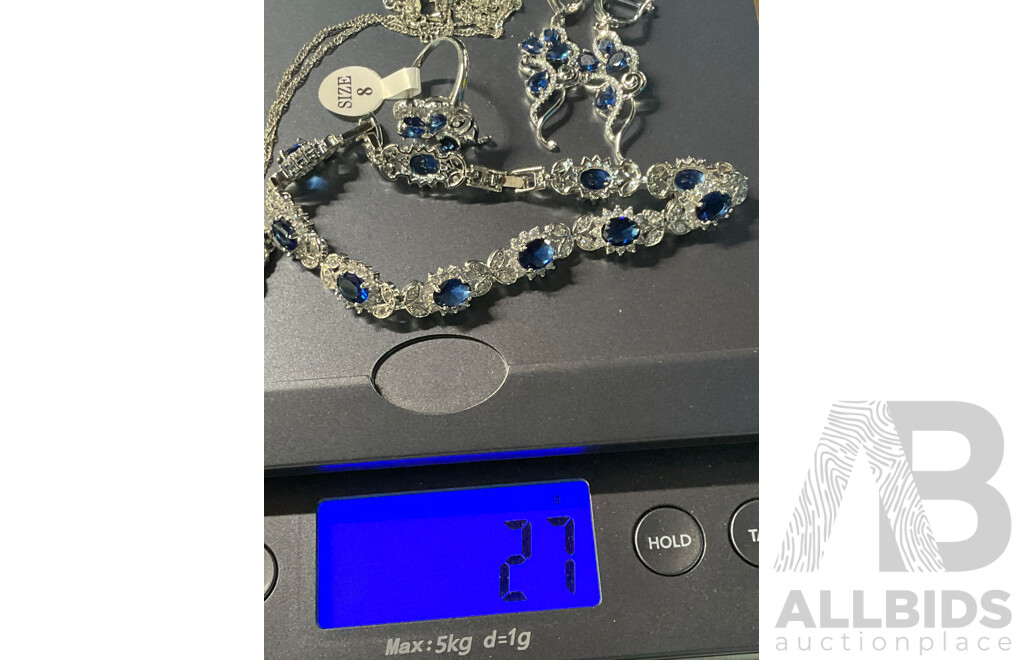 Blue Tone Necklace, Bracelet, Ring & Earring Set