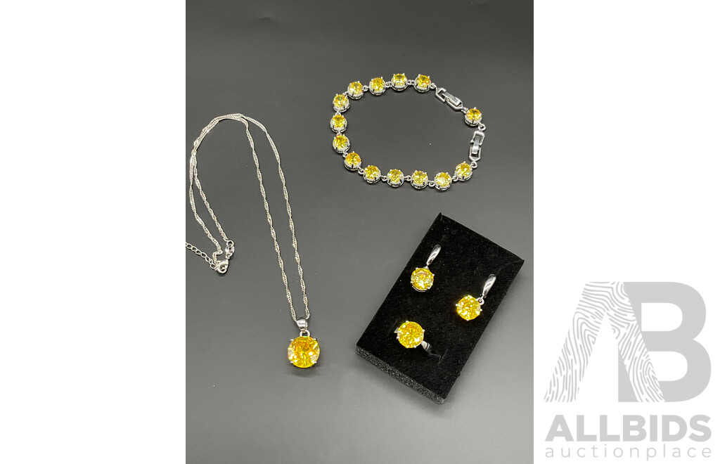 Yellow Tone Necklace, Bracelet, Ring & Earring Set