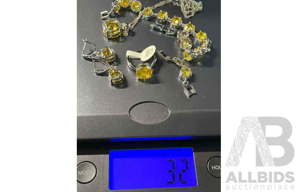 Yellow Tone Necklace, Bracelet, Ring & Earring Set