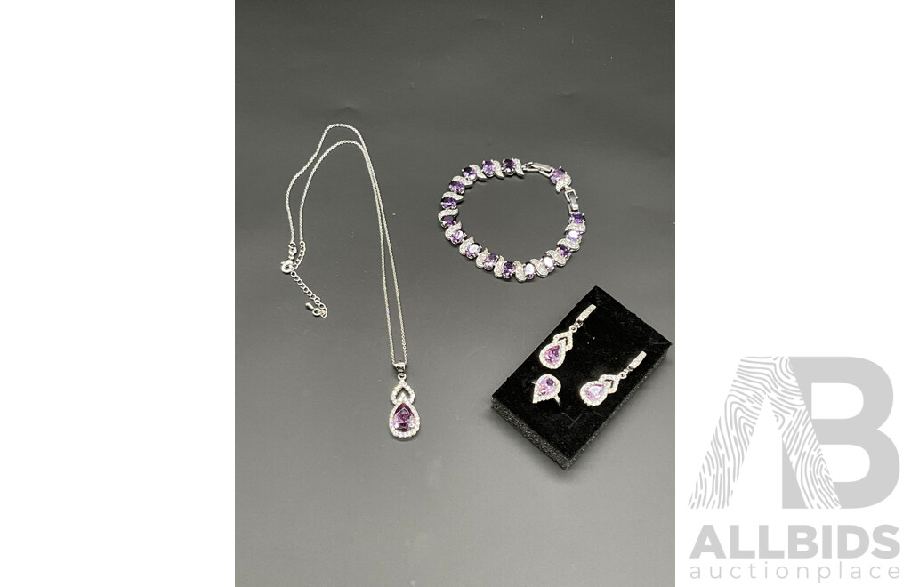 Amethyst Tone Necklace, Bracelet, Ring & Earring Set