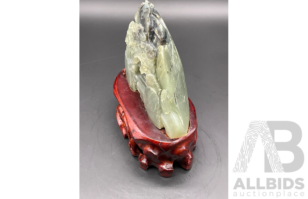 Chinese Hetian Jade Carved Landscape on Timber Stand with Certificate