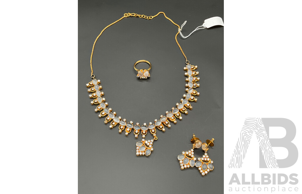Gold-toned Moonstone Necklace, Ring & Earring Set