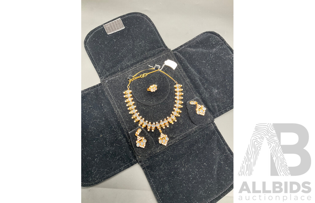 Gold-toned Moonstone Necklace, Ring & Earring Set