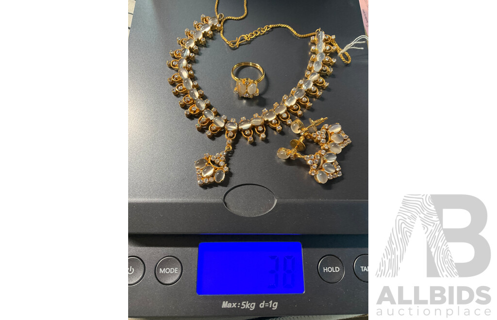 Gold-toned Moonstone Necklace, Ring & Earring Set