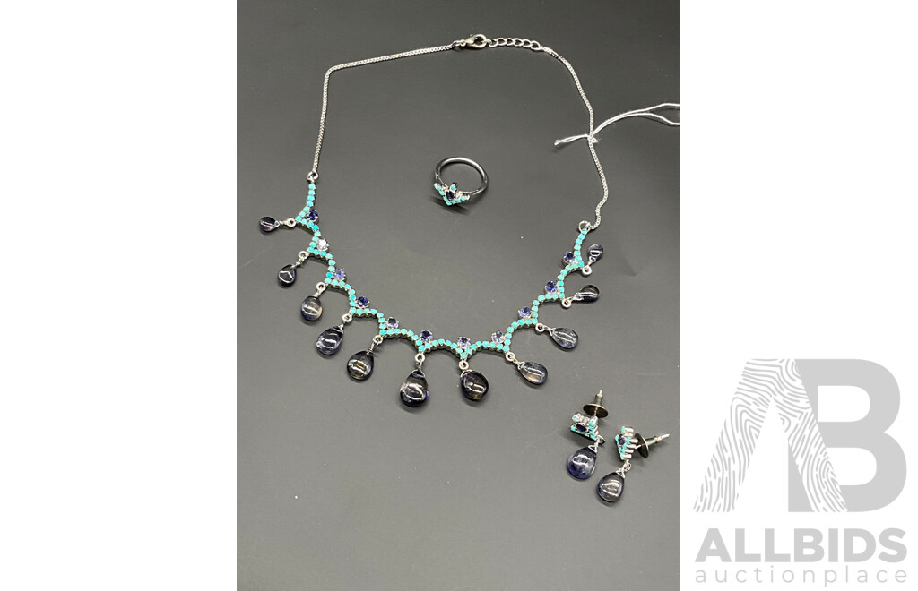 Turquoise and Iolite Teardrop Stones Necklace, Ring & Earring Set