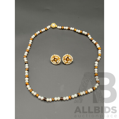 Freshwater Pearl and Tiger's Eye Beaded Necklace & Earring Set