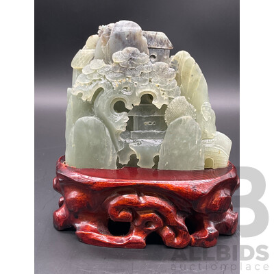 Chinese Hetian Jade Carved Landscape on Timber Stand with Certificate