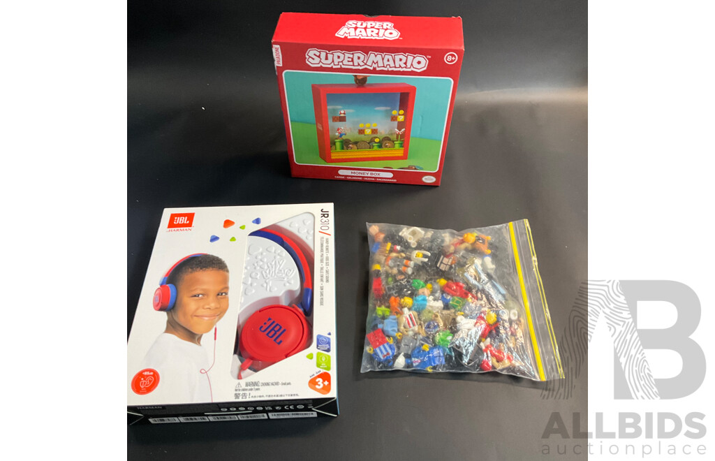 JBL JR310 Headset & Super Mario Money Box & a Pack of Small Figure Parts
