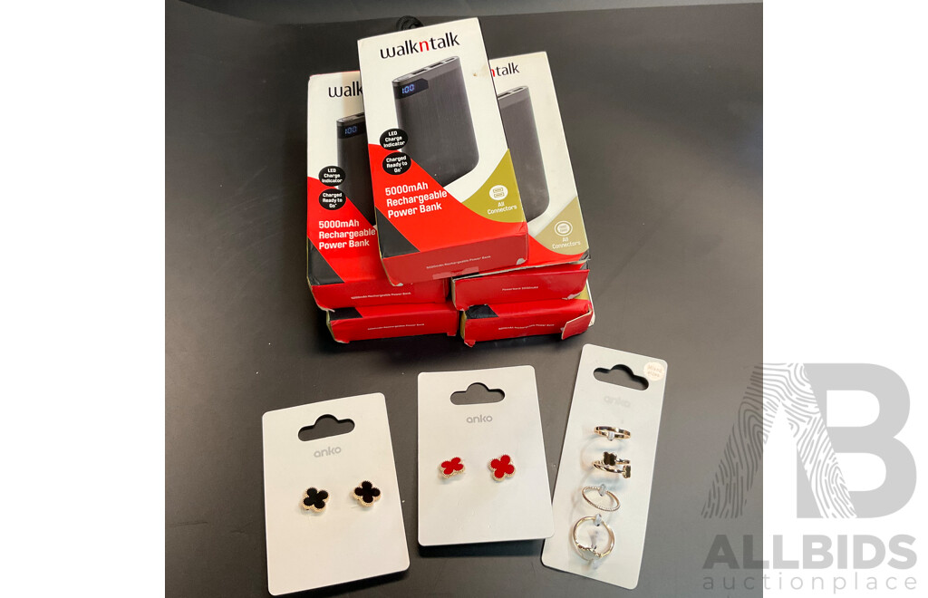 Walkntalk Power Bank 5000mAh X5 & Anko Earring & Rings - Lot of 8
