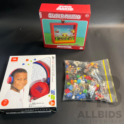 JBL JR310 Headset & Super Mario Money Box & a Pack of Small Figure Parts