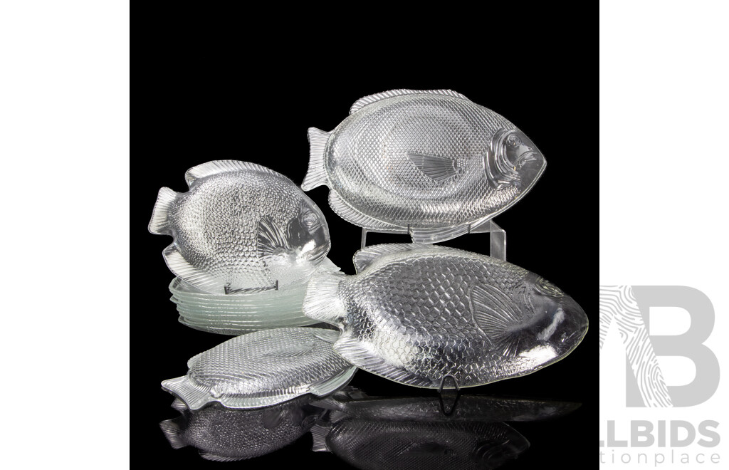 Collection of Ten Fish Form Serving Plates and Two Large Platters