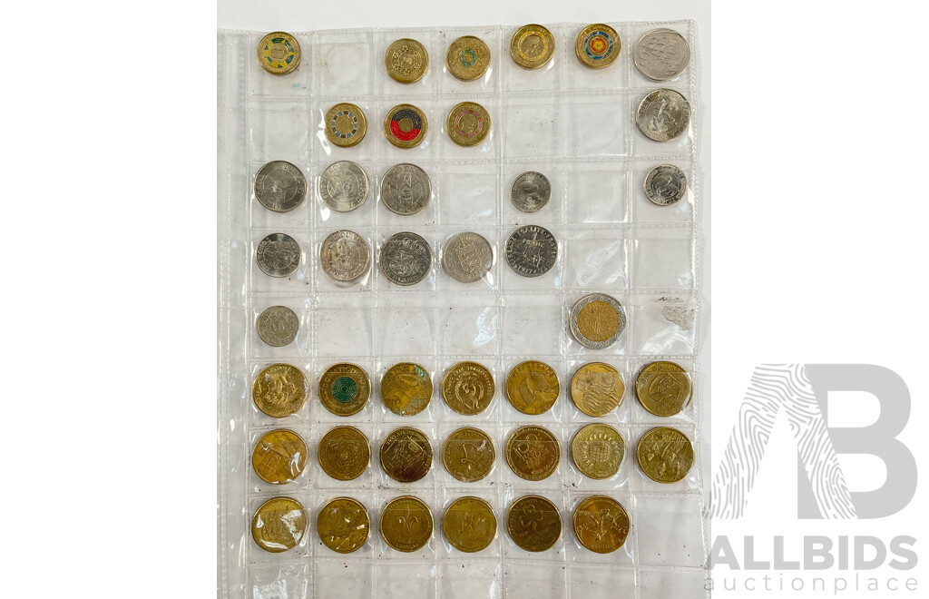 Collection of Australian Commemorative One and Two Dollar Coins Including 2023 Vietnam 50th Anniversary End, 2021 Aboriginal Flag, 2017 Remembrance, 2019 Mr Squiggle, 2020 Donation Dollar, 2022 Dinosaurs, 2004 WW2 Peace with Some International Coins