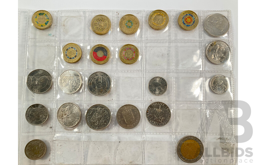 Collection of Australian Commemorative One and Two Dollar Coins Including 2023 Vietnam 50th Anniversary End, 2021 Aboriginal Flag, 2017 Remembrance, 2019 Mr Squiggle, 2020 Donation Dollar, 2022 Dinosaurs, 2004 WW2 Peace with Some International Coins