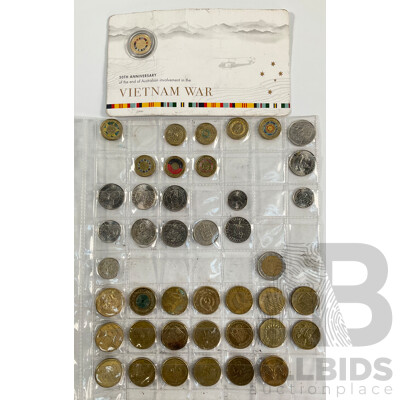 Collection of Australian Commemorative One and Two Dollar Coins Including 2023 Vietnam 50th Anniversary End, 2021 Aboriginal Flag, 2017 Remembrance, 2019 Mr Squiggle, 2020 Donation Dollar, 2022 Dinosaurs, 2004 WW2 Peace with Some International Coins