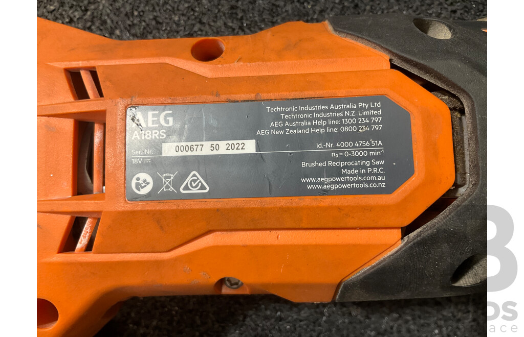 AEG 18V Reciprocating Saw (A18RS) and Impact Driver (BSS18SBL) with 5.0Ah Battery - Lot of 3