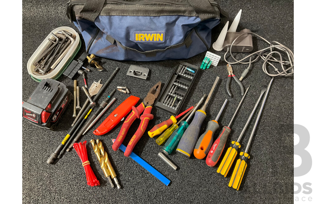 IRWIN Tool Bag with Assorted Tools and MILWAUKEE 5.0Ah Battery