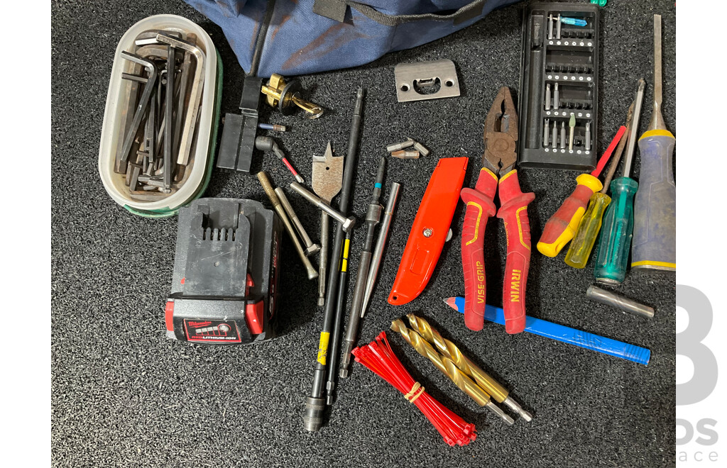 IRWIN Tool Bag with Assorted Tools and MILWAUKEE 5.0Ah Battery