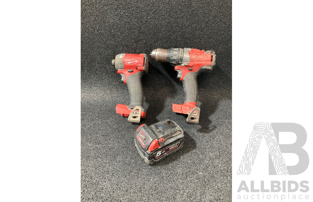 MILWAUKEE FUEL 18V Impact Driver (M18 FID3), Hammer Drill (M18 FPD) and 5.0Ah Battery - Lot of 3