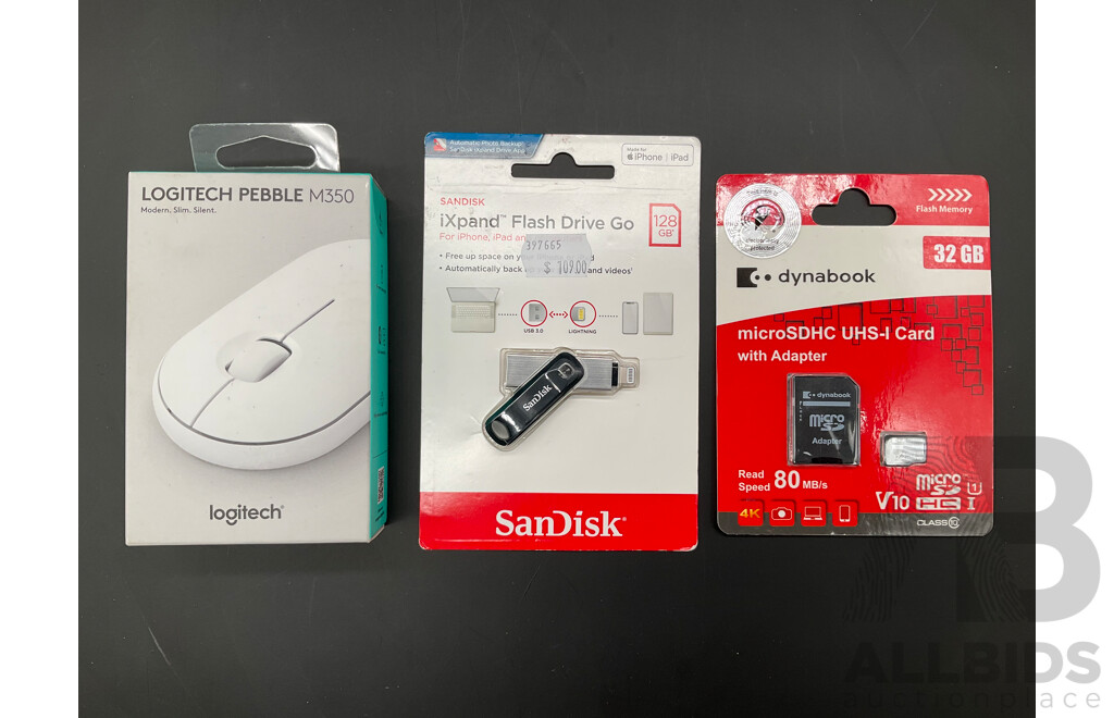 LOGITECH Pebble M350 Mouse, DYNABOOK 32GB MicroSDHC UHS-I Card with Adapter and SanDisk IXPand Flash Drive Go (128GB) - Lot of 3
