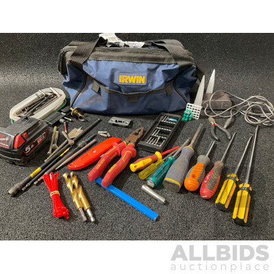 IRWIN Tool Bag with Assorted Tools and MILWAUKEE 5.0Ah Battery