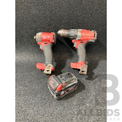 MILWAUKEE FUEL 18V Impact Driver (M18 FID3), Hammer Drill (M18 FPD) and 5.0Ah Battery - Lot of 3