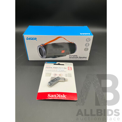 LASER Portable Bluetooth Speaker and SanDisk IXPand Flash Drive Go (128GB) - Lot of 2