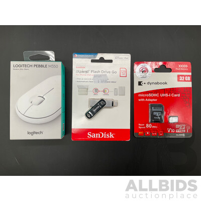 LOGITECH Pebble M350 Mouse, DYNABOOK 32GB MicroSDHC UHS-I Card with Adapter and SanDisk IXPand Flash Drive Go (128GB) - Lot of 3