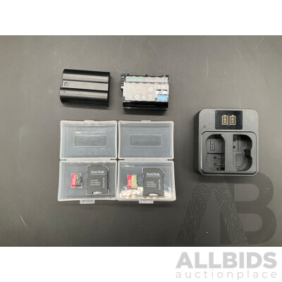 SanDisk Extreme 128GB and Extreme Pro 512GB Micro Memory Cards and LLANO 2- Pack Battery (EN-EL15C) for Nikon Cameras with Battery Charger - Lot of 5