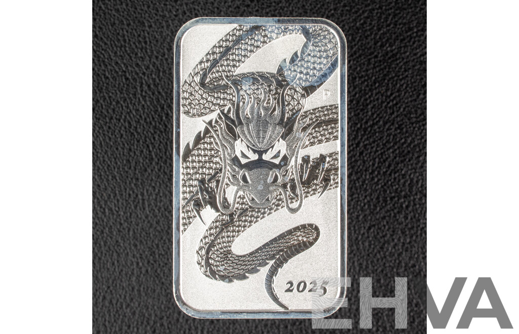 Australian Perth Mint 2025 Silver One Dollar Rectangular Bullion Coin, Chinese Dragon .999