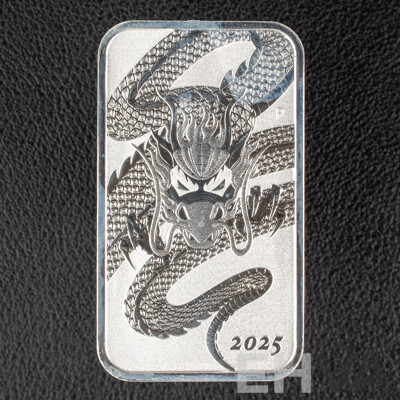 Australian Perth Mint 2025 Silver One Dollar Rectangular Bullion Coin, Chinese Dragon .999