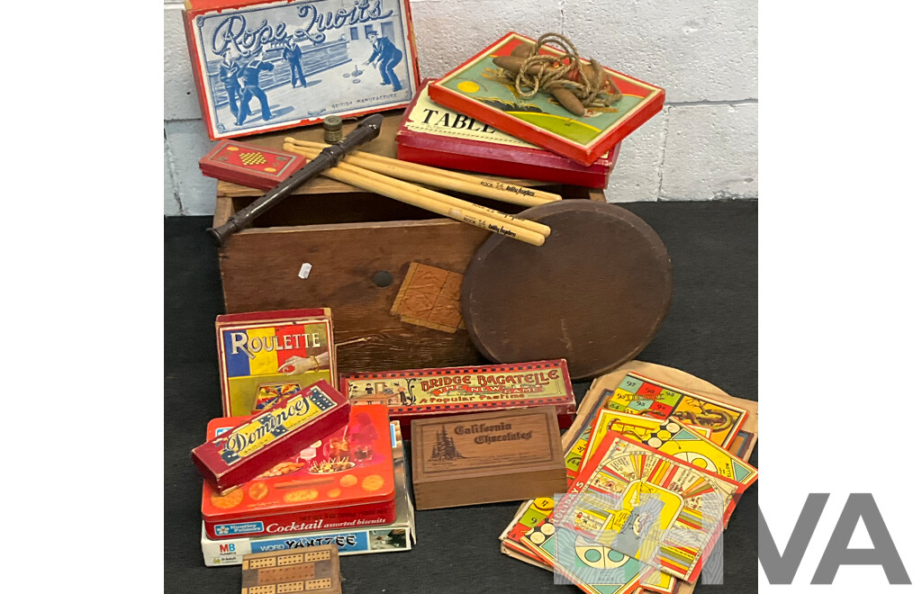 Vintage Collection of Games and Toys in Wooden Toy Box