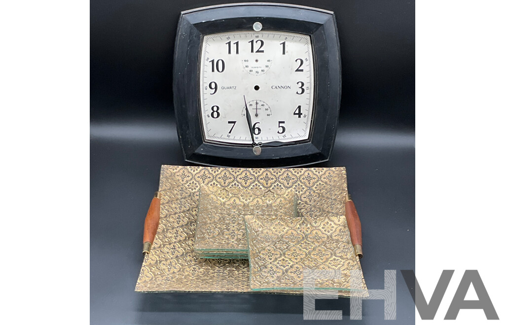Mid-Century Square Tray with Wooden Handle and 4 Serving Plates, Cannon Quart Wall Clock