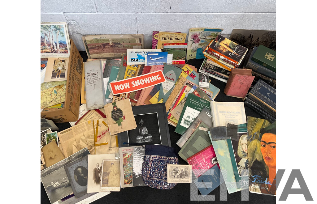 Collection of Vintage Ephemera and Collectibles, Including Custom 3D Laser-engraved Crystal Photo Blocks, Frida Kahlo Posterbook, Assorted Magazines, Books, Flight Tickets, Photos, Maps and More