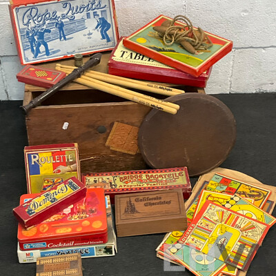Vintage Collection of Games and Toys in Wooden Toy Box
