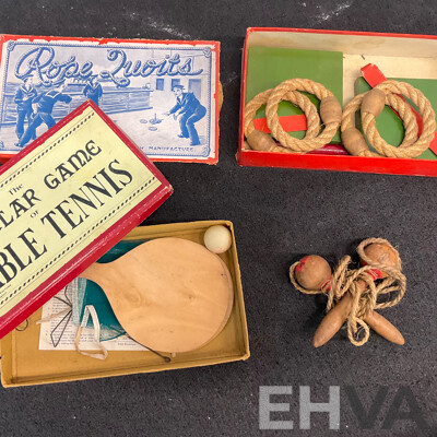 Vintage Collection of Games and Toys in Wooden Toy Box